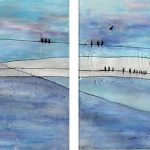 Acryl schilderij 'Vogels op hoogspanningskabel' 4 luikje Acryl schilderij 'Vogels op hoogspanningskabel' 4 luikje