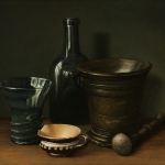 Vijzel, fles, glas en kannetje Vijzel, fles, glas en kannetje