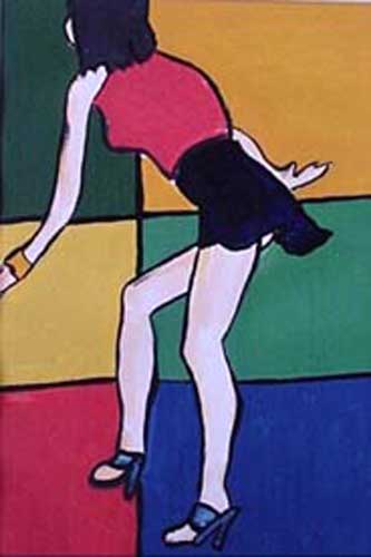 vrouw in blauw en rood